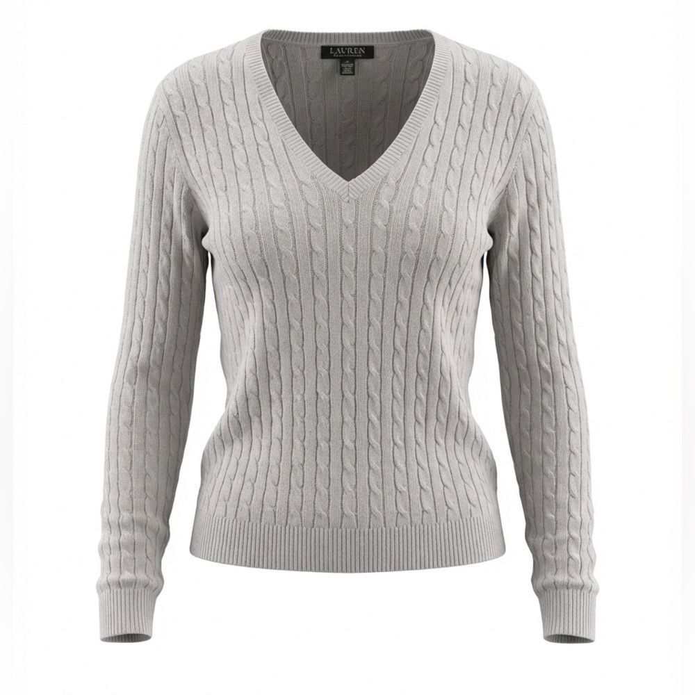 Lauren Ralph Lauren Light Gray Cable-Knit V-Neck Sweater